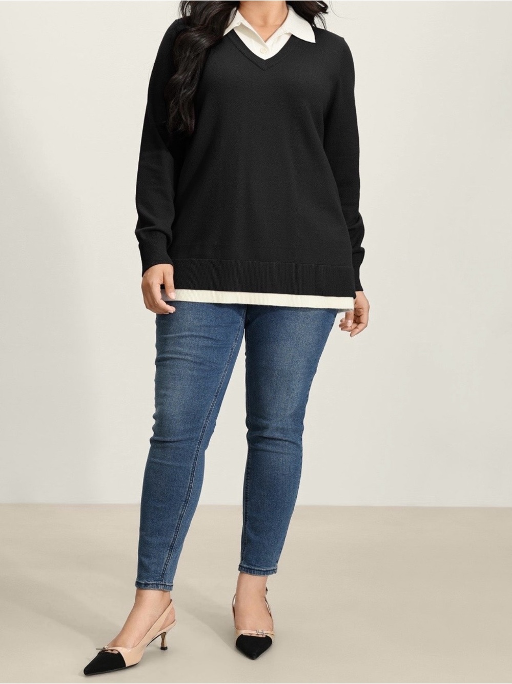 Women's Black V-Neck Layered Look Sweater